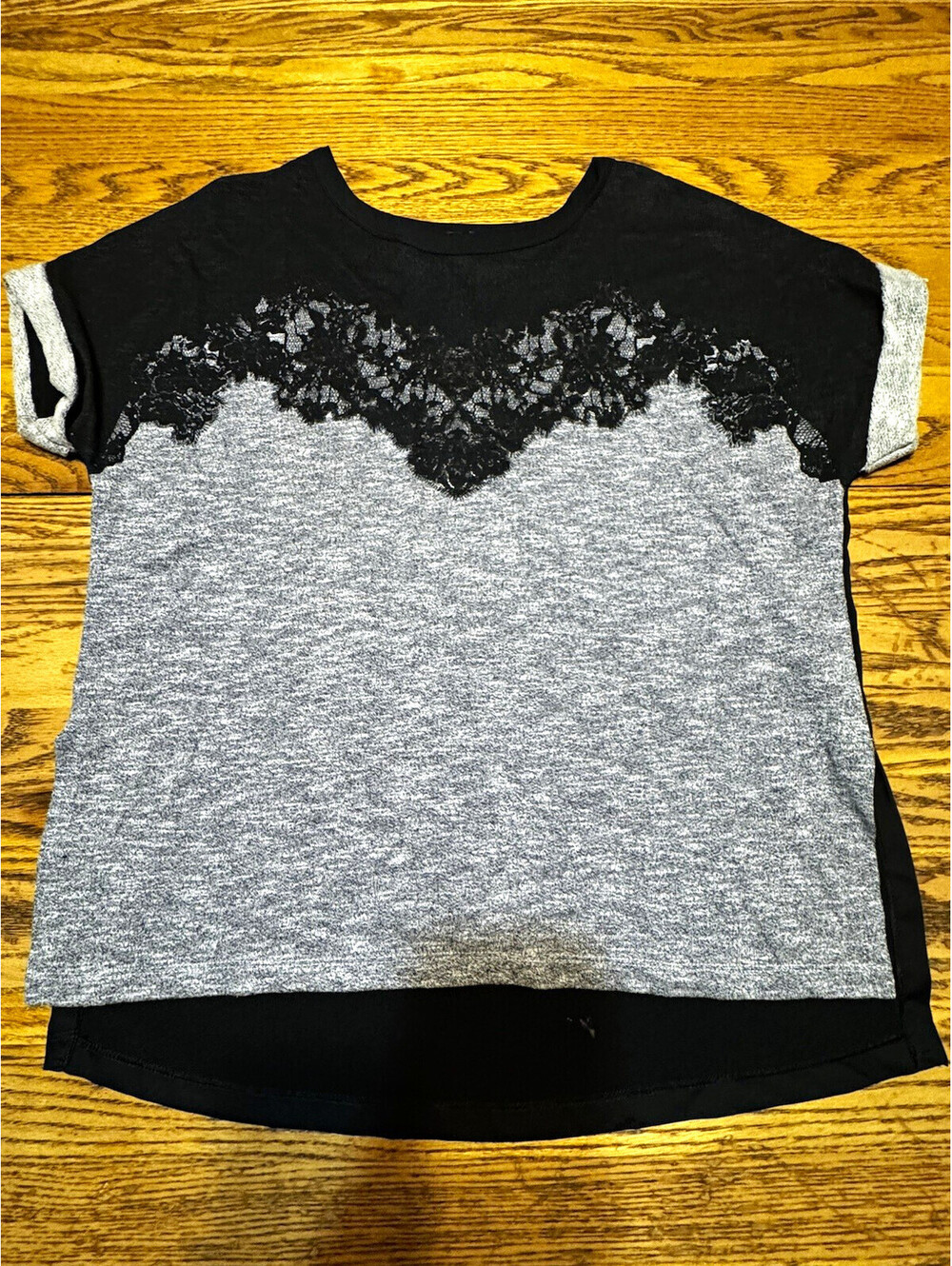 ZARA Womens L Gray Black Colorblock Lace Knit T-Shirt Short Sleeve Round Neck